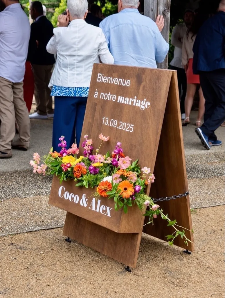 Panneau de bienvenue en bois d’un mariage, garni d’une jardinière de fleurs colorées