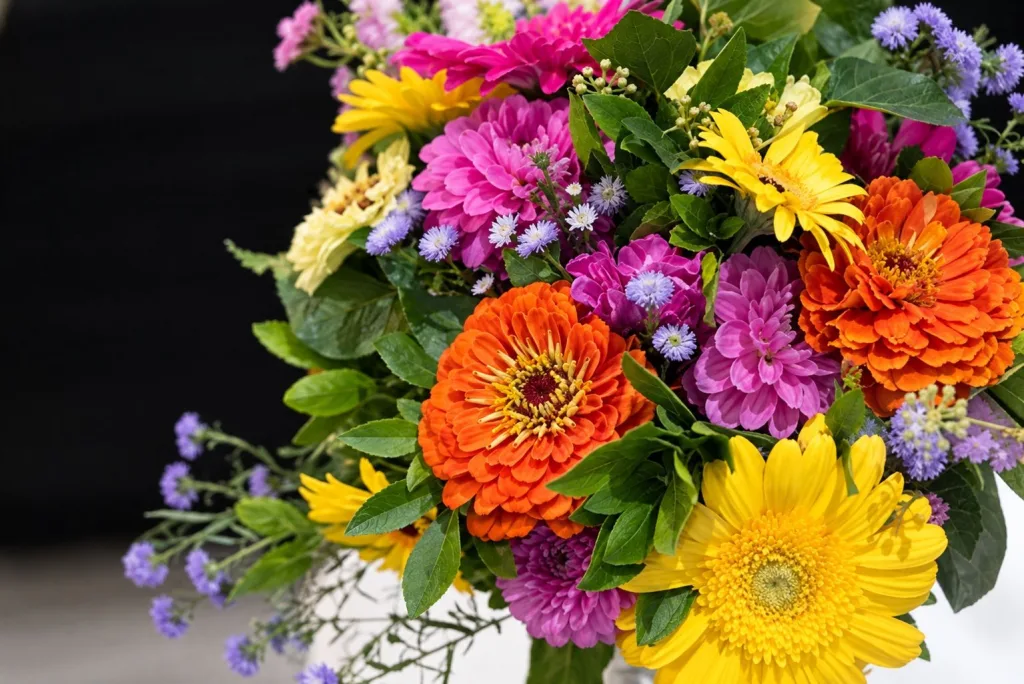 Bouquet coloré de zinnias orange, dahlias roses, gerberas jaunes et ageratums mauves